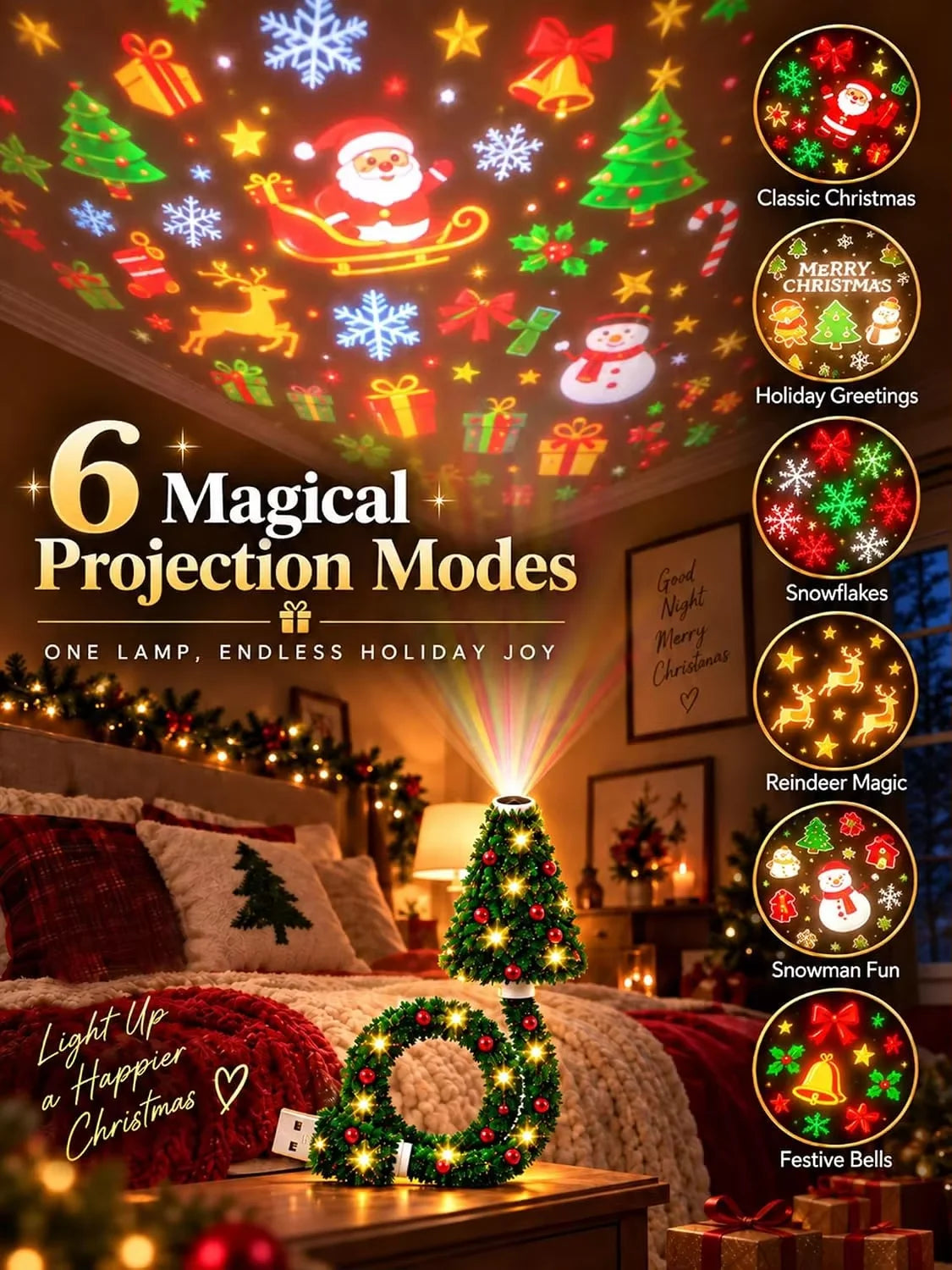 Party Plug and Play Christmas Tree Ceiling Projector, USB Flexible Tree Lamp 6 Festive Projection Scenes, Flexible Tree-Inspired