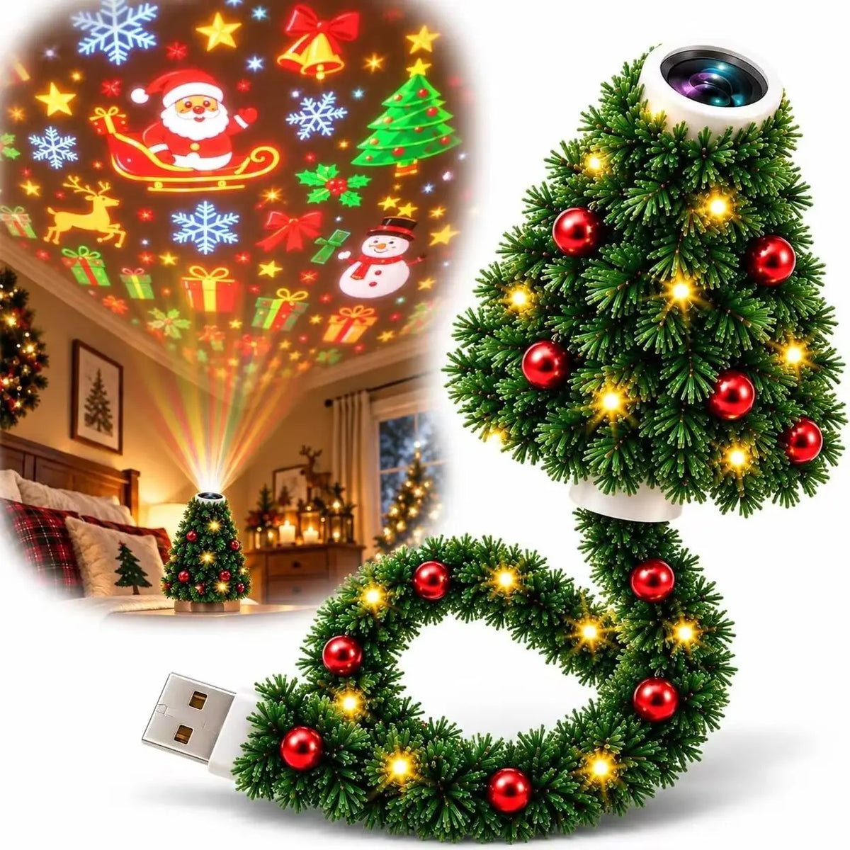 Party Plug and Play Christmas Tree Ceiling Projector, USB Flexible Tree Lamp 6 Festive Projection Scenes, Flexible Tree-Inspired