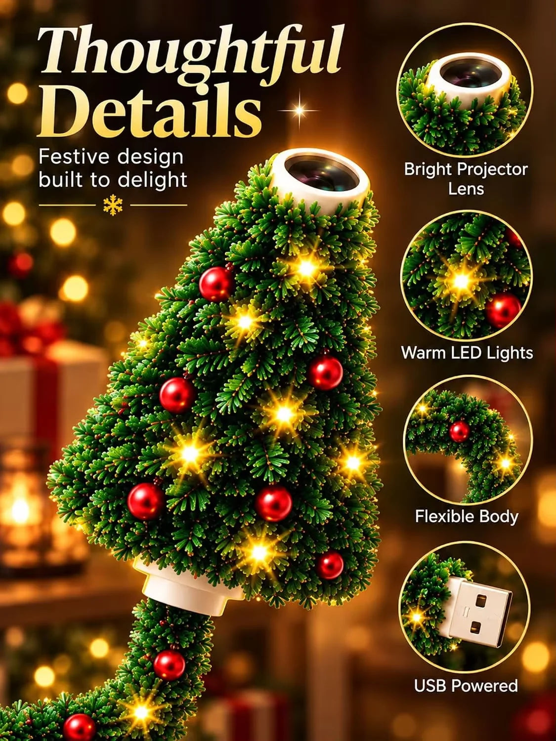 Party Plug and Play Christmas Tree Ceiling Projector, USB Flexible Tree Lamp 6 Festive Projection Scenes, Flexible Tree-Inspired
