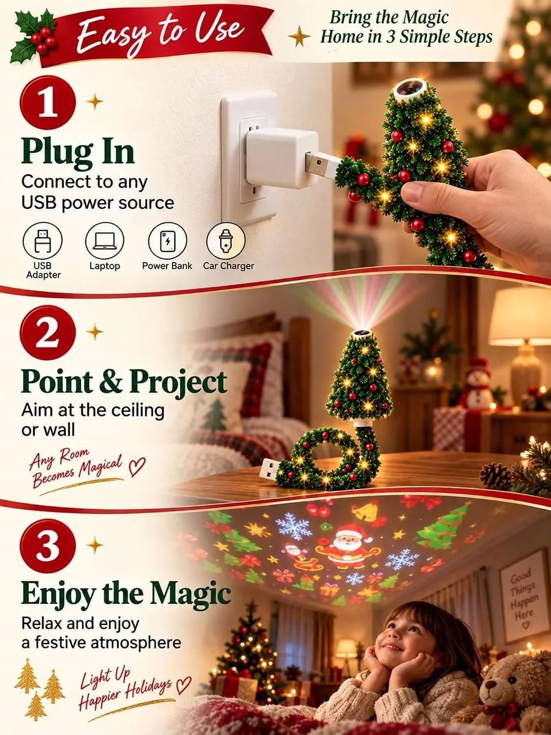 Party Plug and Play Christmas Tree Ceiling Projector, USB Flexible Tree Lamp 6 Festive Projection Scenes, Flexible Tree-Inspired