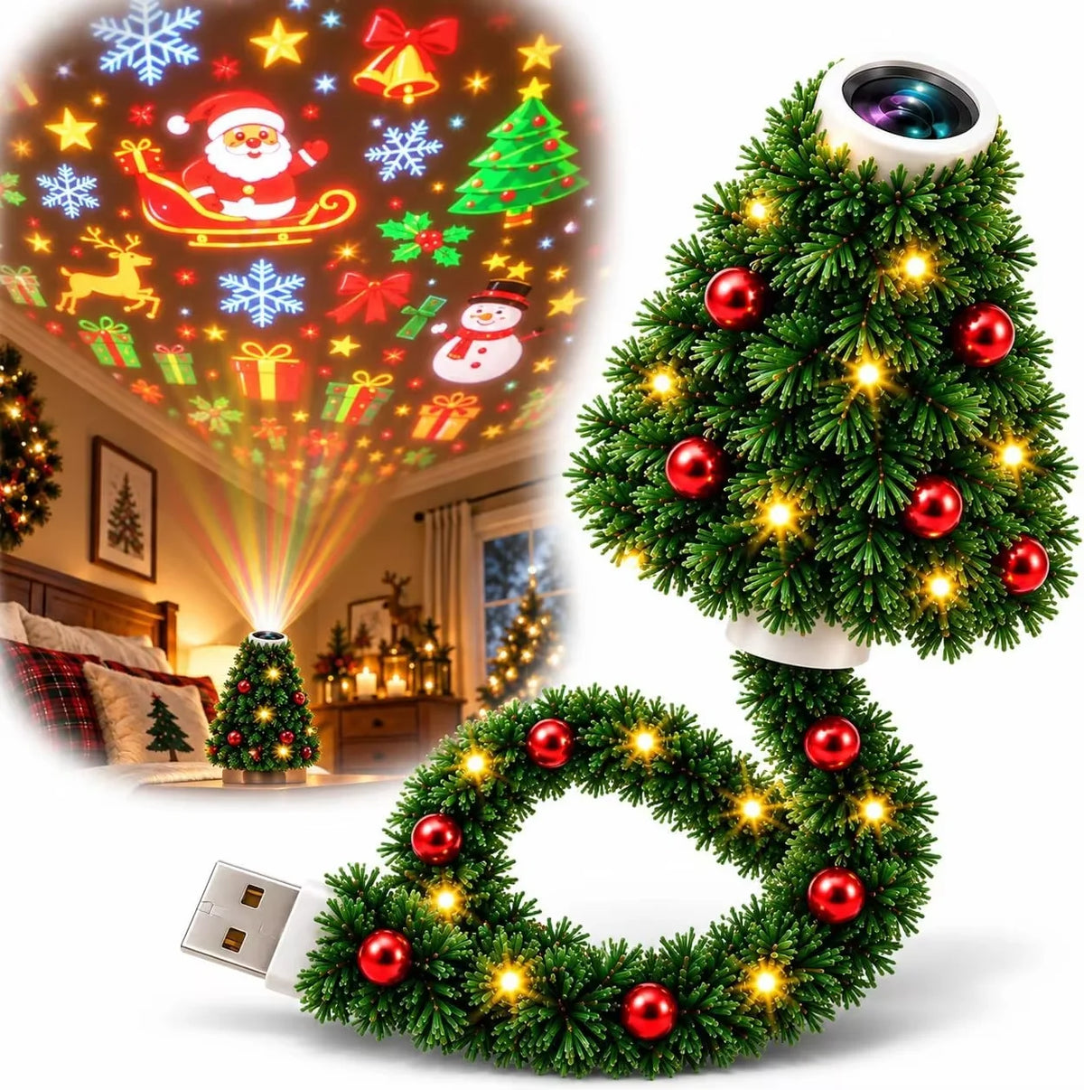 Party Plug and Play Christmas Tree Ceiling Projector, USB Flexible Tree Lamp 6 Festive Projection Scenes, Flexible Tree-Inspired